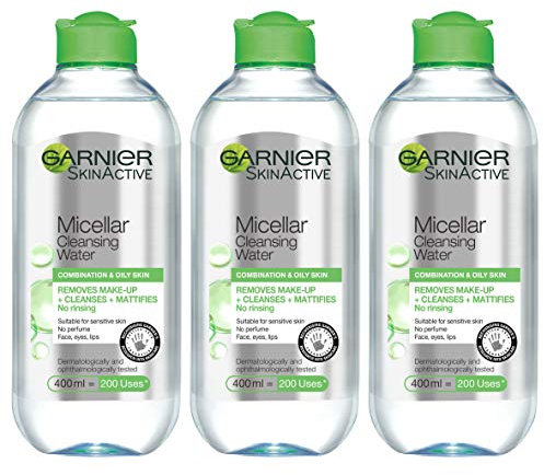 Garnier Micellar Cleansing Water Combination, Oily and Sensitive Skin, Mattifying Face and Eye Make-Up Remover and Cleanser 400 ml Pack of 3 5021044122751