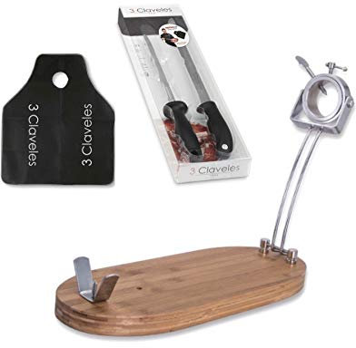 Hidalgo Soporte Jamonero 3 Claveles para Jamón o Paleta + Set Cuchillo Jamón y Chaira + Regalo Cubre Jamón