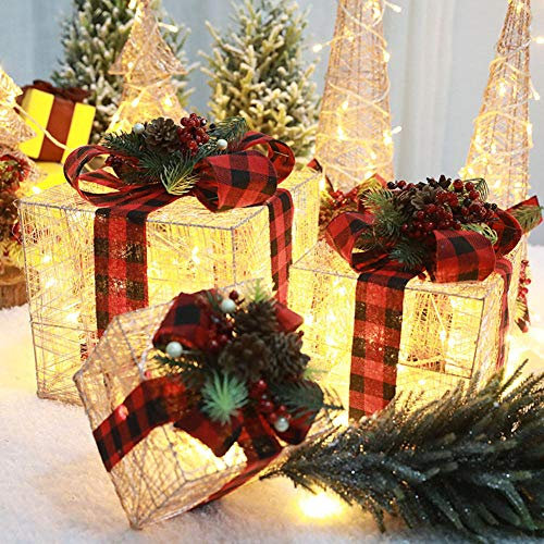 Christmas Light Up Set of 3 Gift Boxes Decorative Iron Battery Operated Christmas Parcel Set Warm White Lights Indoor Outdoor Decoration,Copper