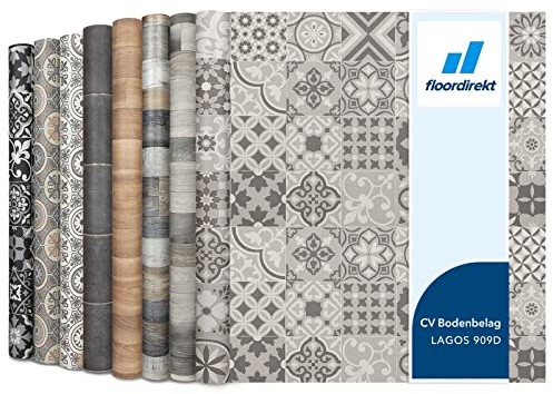 CV Cushioned Vinyl Flooring PVC Tile Effect, Structured Vinyl Flooring, Tile Optic Flooring for Kitchen, Bathroom, Home or Commercial (200 x 100 cm, Plaza | Lagos 909D)