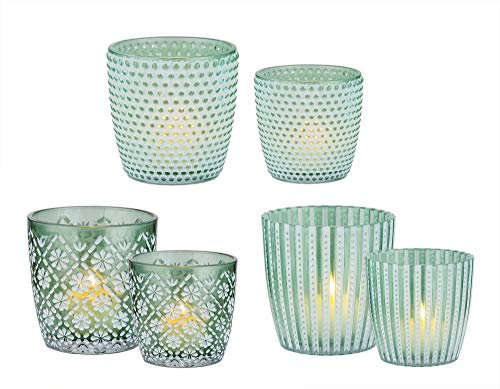 BigDean 6X Windlicht Glas Set 3 Motive, 2 Größen - Grün - 7,5 & 9 cm hoch - Teelicht-Gläser Windlichter Dekoglas für Kerzen & Teelichter