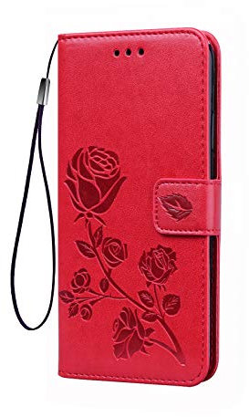 LEYAN Coque pour Xiaomi Redmi 9C NFC, Housse TPU/PU Flip Portefeuille Cuir Portefeuille Étui avec Carte Fente/Stand Fonction, 3D Rose Magnétique Protection Case Cover, Rouge