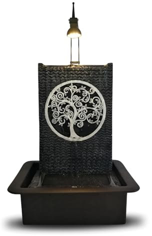 Fontaine d’Intérieur Mur d’Eau Cascade Motif Arbre de Vie Lumière Spot Blanc, Grand Décoration de Table Bureau Salon Chambre, Source de Zenitude Méditation Relaxation, H 40cm – Arbre de Vie Zen’Light