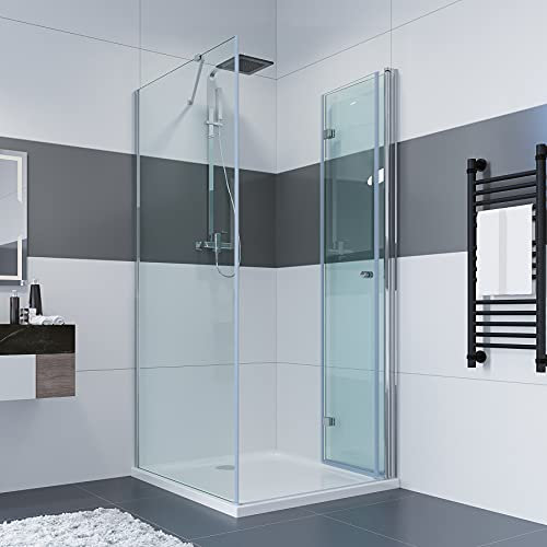 IMPTS Duschkabine Eckeinstieg 75x80 x 185 cm Duschabtrennung mit Falttür Rahmenlos Eckdusche Duschtür Scharniertür Glas, ohne Duschtasse & Ablauf