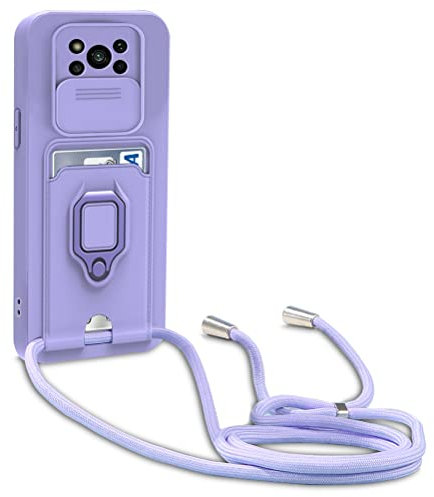 yanasuo Schiebe Kameraschutz Silikon Handykette Hülle kompatibel mit Xiaomi Poco X3 NFC/Poco X3 Pro, Metall Ring Halter Handy Cover,Verstellbarer Halskette Handyhülle-Lila