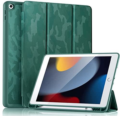 Vobafe Hülle Kompatibel mit iPad 9 8 7 Generation (10.2 Zoll, Model 2021/2020/2019,9./8./7.), Weiche TPU Rückseite Abdeckung Klappständer Schutzhülle mit Stifthalter, Auto Schlafen/Wachen Tarngrün