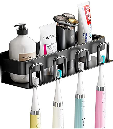 Zahnbürstenhalter Wandmontage Ohne Bohren Elektrische Zahnbürste Organizer Badezimmer Zahnpasta Aufbewahrungsregal mit 4 Bürstenschlitzen und Becherhalter (Schwarz)