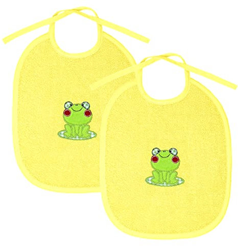 Lashuma 2er Set Frottee Lätzchen für Babys u. Kleinkinder, bestickte Sabberlätzchen gelb 25x30 cm, Stick: Frosch