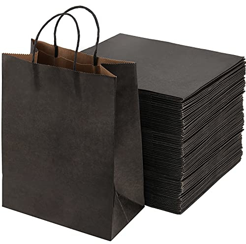 SEUNMUK 50 Pcs Black Kraft Paper Bags, 140 gsm Large Kraft Bags with Handles Black Retail Bags for Shopping, Business, Gift Packaging 21 x 11 x 27 CM