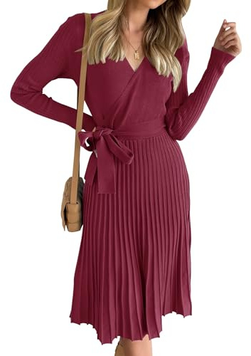ZESICA Damenkleid, Langarm, Wickelkleid, V-Ausschnitt, Rippstrick, Plissee, A-Linie, Pulloverkleid mit Gürtel, für den Herbst