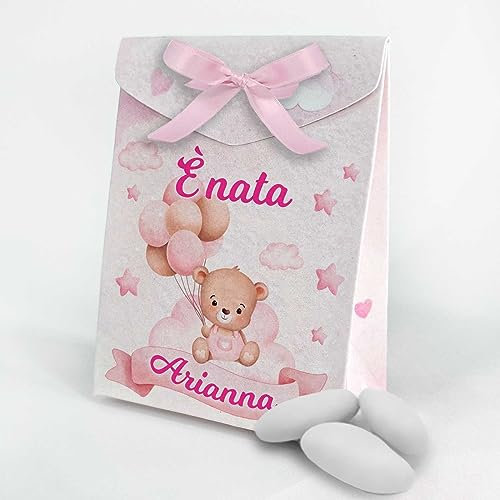 SLIDE 16 pz Scatoline Bomboniere personalizzate con nome, Prima Nascita, complanno, scatole Portaconfetti + 6 mt. nastro raso, Regalo confetti Festa nascita bimba orsetto rosa