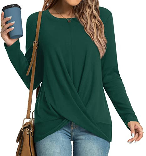 HOTGIFT Womens 2025 Casual Tunic Long Sleeve Crewneck Tops Loose Comfort T-Shirts Dark Green XX-Large