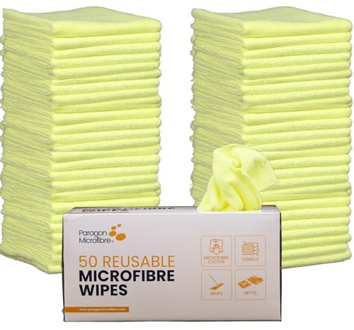 PARAGON Mirofibre 50 Reusable Wipes, Pack of 50, Cloth Size:30 x 30cm, Lint Free, Car Cleaning, Window & Glass, Dusting, Multipurpose, Premium Quality, FREE storage box, Yellow