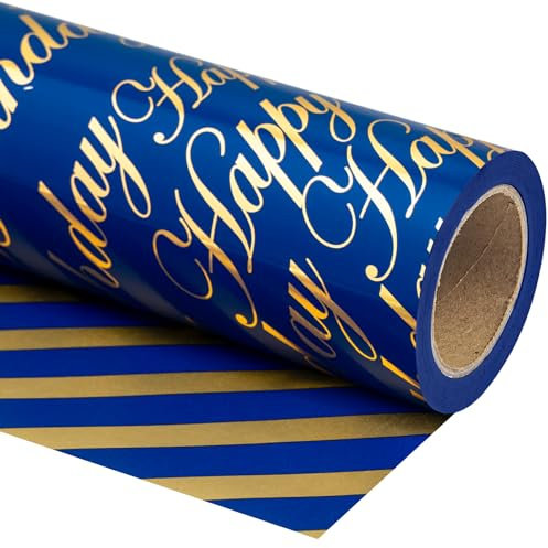 Holijolly Papier d'emballage d'anniversaire réversible - Mini rouleau - 43.2CM×10M - Lettre bleu et or Happy Birthday pour anniversaire, vacances, fête, baby shower