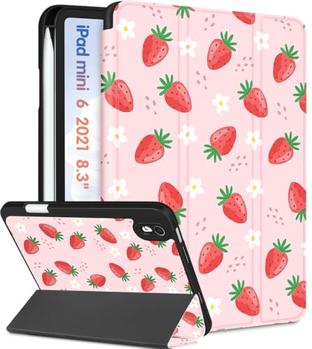 Wazzasoft for iPad Mini 7 Case - for iPad Mini 6th/7th Generation Cases Women Girl Cute Folio Cover Girly Strawberry Design Unique Pencil Holder for Apple Mini 6 2021/Mini 7 A17 Pro 2024 Case 8.3 Inch
