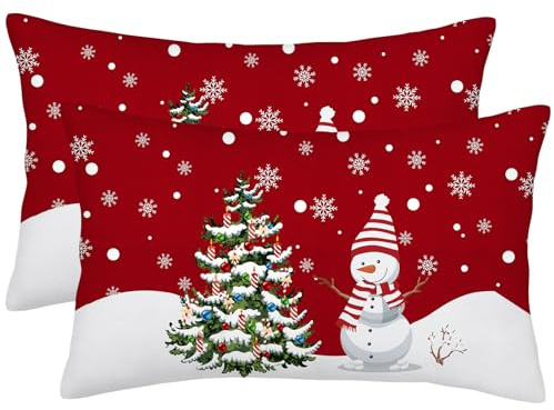 Wsunsal Set di 2 federe natalizie rosse, 30 x 50 cm, motivo fattoria, pupazzo di neve, albero di Natale, albero di Natale, federe decorative per inverno, vacanze, quadrate, in lino, per casa, letto,