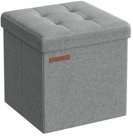 SONGMICS Storage Ottoman, Foldable Small Ottoman Foot Rest, 30 x 30 cm Foot Stool, Ottoman with Storage, Load up to 130 kg, for Living Room, Bedroom, Dorm, Light Grey LSF028G52