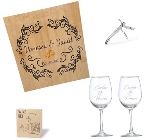 masqueprecios Set de Vinos en Estuche de Bambú Personalizado por Completo y 2 Copas con abridor: Regalo Personalizado para Novios, Regalo para los Novios en su Boda