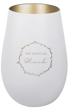 Der-Porzellan-Laden Windlicht mit Gravur Hier wohnt das Glück, Weiß Gold, Teelichthalter aus Glas mit Spruch, Tischdeko modern