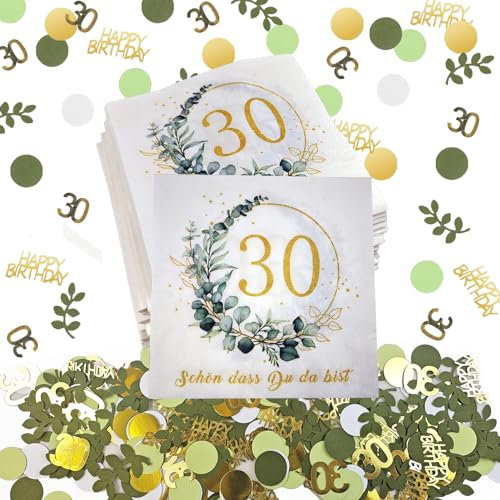 300 Stück Konfetti 30. Geburtstag Deko Grün, 40 Servietten für Frauen Männer, Streudeko Gold, Confetti, Partydekorationen für Tischdekorationen