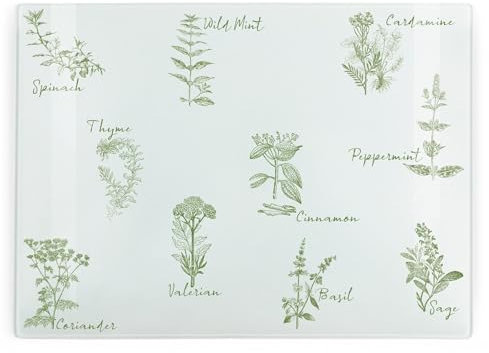 Green Herbs Large Rectangular Glass Worktop Protector Gift - Smooth Board Kitchen Chopping/Cutting Board Worktop Saver with Non-Slip Feet 39cm x 28.5cm (15 x 11)