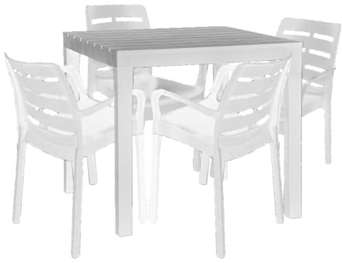 Tavolo effetto legno e 4 sedie con braccioli in resina bianca da giardino bar pub ristorante balcone terrazza interno esterno