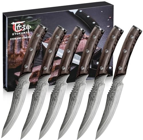 SYOKAMI Steak Knives Set of 6, 4.8 Inch High-Carbon Japanese Stainless Steel Non-Serrated Steak Knife with Wood Handle, Damascus Pattern Full Tang Design, Razor-Sharp Dinner Knives with Gift Box