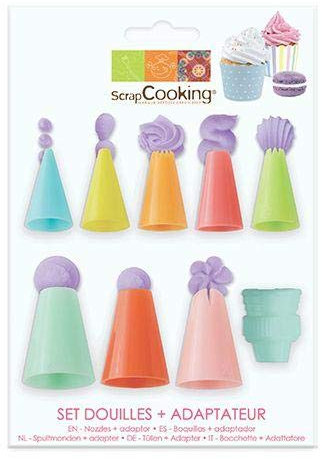 SCRAP COOKING - Set de 8 douilles pâtissières en plastique + adaptateur Bleu
