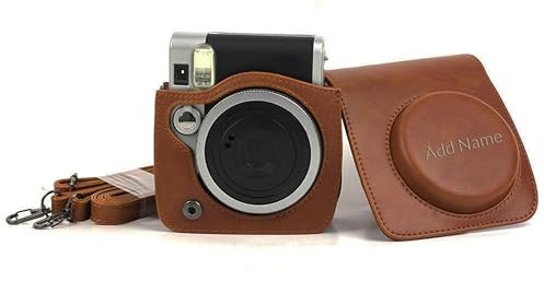 Personalized Camera Case compatible with Fujifilm Instax Camera, PU Leather Portective Case with Shoulder Strap, Custom Name & Text (MINI 90, Brown)