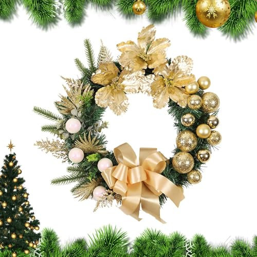 Goldener Weihnachtskranz mit Kugeln, künstlicher Winterkranz, rustikaler Weihnachtskranz für Schlafzimmer, Arbeitszimmer