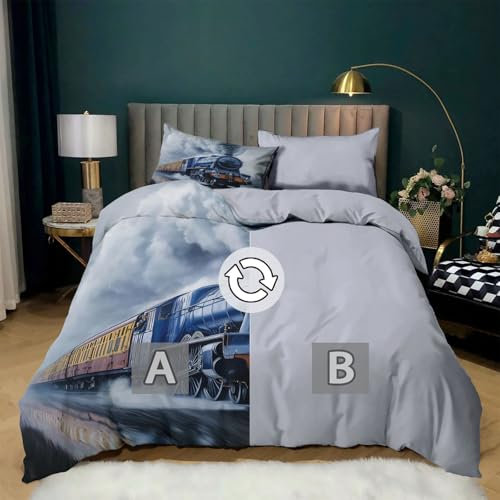 Blue Duvet Set Premium Brushed Microfiber Duvet Cover Steam Train With Smoke Ultrasoft Duvet Double Cover Set Non Iron Luxury Bedding Set With Zipper Closure