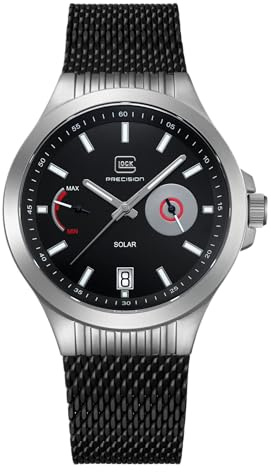 GLOCK Herren Solar Quarz Uhr | 42mm Gehäuse | Armbanduhr mit Silbernem Edelstahlgehäuse | Schwarzem Zifferblatt | Schwarzem Mesharmband | 10ATM | GW-19-2-22