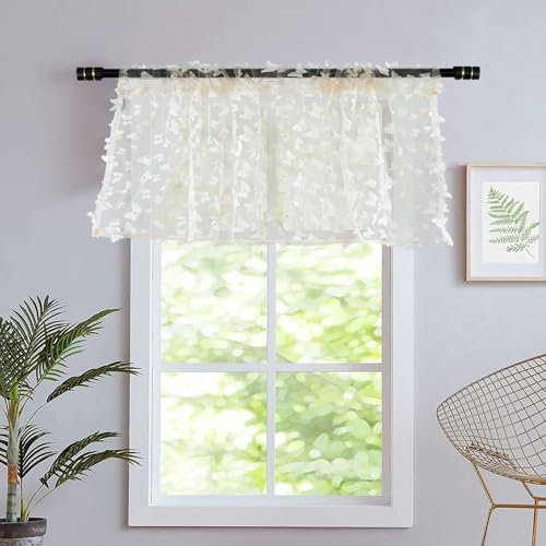 Tolldek 60x90cm Gardinen Kurz Halbtransparent Beige Weiß, 2 Teiliges Einfarbig 3D Schmetterlinge Schiebegardinen Kurz Vintage Rod Pocket Garn Halbtransparent Gardinen für Fenstervorhang