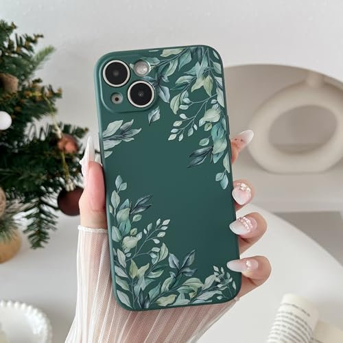 RALEAVO Flower Case for iPhone 15, Liquid Silicone Shockproof Protection Case Cover for Girls Women with Aesthetic Cute Floral Patterns Soft Slim Phone Case for iPhone 15-Dark Green/Leaves