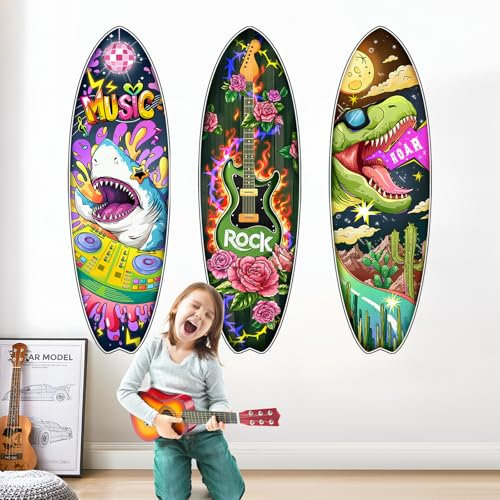 Supzone 3 Stück Wandtattoos Musik Surfboard Wandsticker Dinosaurier Gitarre Hai Wandaufkleber für Wohnzimmer Schlafzimmer Flur Wanddeko