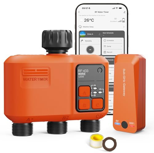 Smart Programador riego WiFi 3 Salidas con 300 Metros RF,WiFi supercobertura, Sistema de riego para jardín con retardo de Lluvia, Control por aplicación y Voz, Temporizador automático