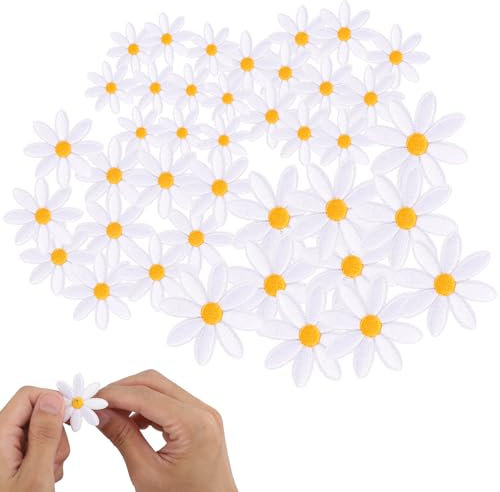 BOXOB 40pcs Daisy Flower Iron On Patches, Cute Embroidery Patches Daisy Sewing Decorative Applique with 4 Sizes DIY Flower Embroidered Decoration Applique for Clothes Bags Hats Jeans Girl Women