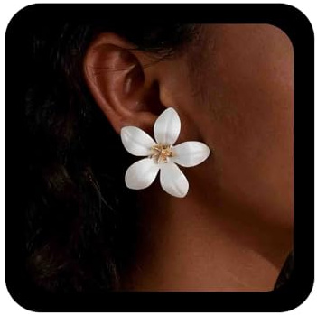 Cybche Boho White Large Flower Earrings Enamel Floral Petal Statement Earrings Metal Cute Cherry Blossom Daisy Stud Earring Jewelry for Women