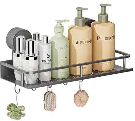 Wisfame Estante Ducha Ventosa,Estantería de Ducha sin Taladros con 5 Ganchos,Carga MAX de 10 kg.Impermeable y Desmontable Estanteria Baño,Organizador Ducha para Champú/Jabonera y Gel de Baño(Gris)