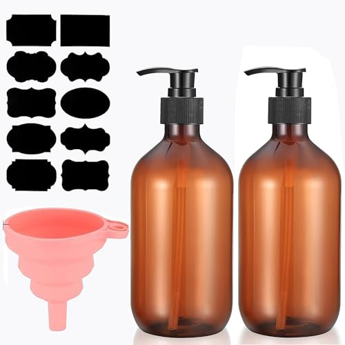 2 Stück 500 ml Plastik Flaschen Shampoo Flaschen zum Befüllen, Seifenspender Kunststoff,Seifenspender braun, Pumpflasche Kunststoff für Lotionen Shampoos, mit Trichter, Etiketten (Braun)