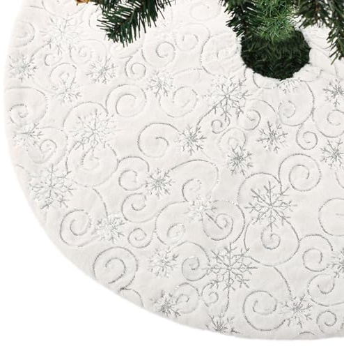CITÉTOILE Weihnachtsbaum Rock Christbaumdecke Kunstfell Glitter Schneeflocke Rund Weihnachtsbaumdecke Fell Christbaumständer Teppich für Weihnachtsfeiertag Deko, Weißes Silber, M