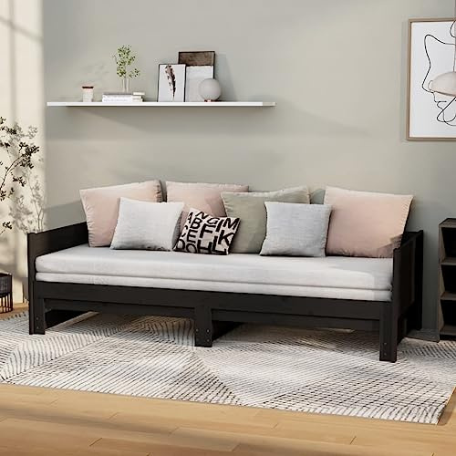 Qnhdfrt Ausziehbares Tagesbett aus Massivholz Kiefer Schwarz 204 x 160 cm Daybed mit 2 Matratzenplatz 80x200 cm Multifunktionales Sofa Bett für Gästezimmer Wohnzimmer