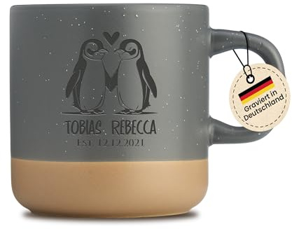 LIEBTASTISCH Tasse mit Gravur Personalisiert mit Pinguin - Geschenke für Paare, Verliebte - Geschenkidee für Freund,Freundin,Ehepartner - Jahrestag,Hochzeitstag,Jubiläum - Mit Wunschnamen - Grau