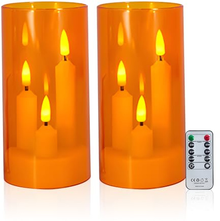 LUFEIS Flameless Candles, 2PCS 3-in-1 Flameless Short Taper Candles with Remote Control and Timer, Battery Operated Fake Candle with Taper Design, LED Three-Wick Pillar Candle for Home Decor (Orange)