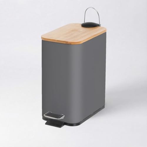 Papelera de pedal rectangular de 5 litros gris mate con tapa de bambú | Cuerpo de metal antihuellas. Cubo interior extraíble de propileno negro con asa. Ideal para baños y habitaciones pequeñas