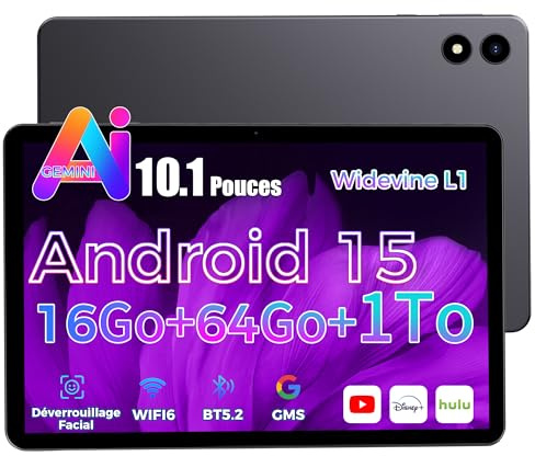 RebotAi 2026 Tablette 10 Pouces Android 15 avec Gemini AI, 16Go RAM + 64Go ROM + 1To TF, Widevine L1/WiFi 6/BT 5.2/5000mAh/Identification Faciale Tablette Tactile