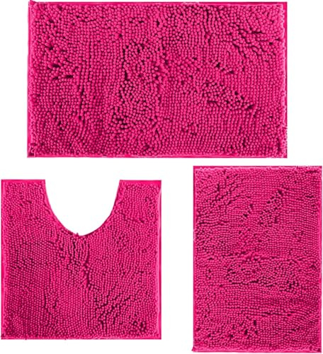 placeroom Bathroom Mat Set of 3, Bath and Toilet Mat Set,Ultra Soft Chenille Bath Mat Non Slip,Bath Mat Sets 3 Piece Washable,Super-Absorbent Bath(Rose Pink bath set)