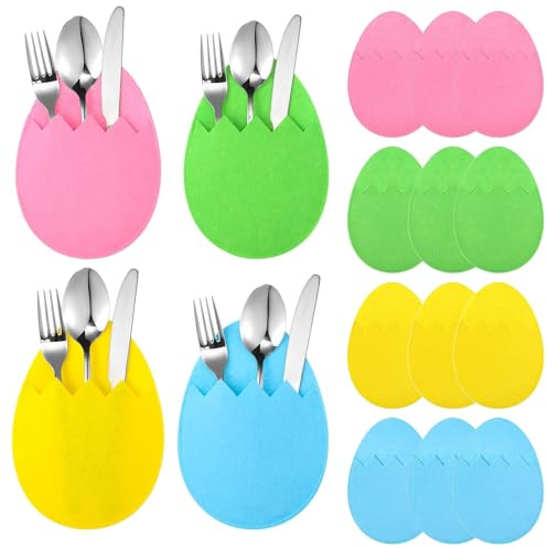 12 Pcs Easter Decorations Home Cutlery Holders Felt Set Easter Egg Spring Tableware Decoration Holder Bag Party Wedding Birthday Colorful Egg Shaped Cutlery Pouches Pink Blue Green Yellow for Family