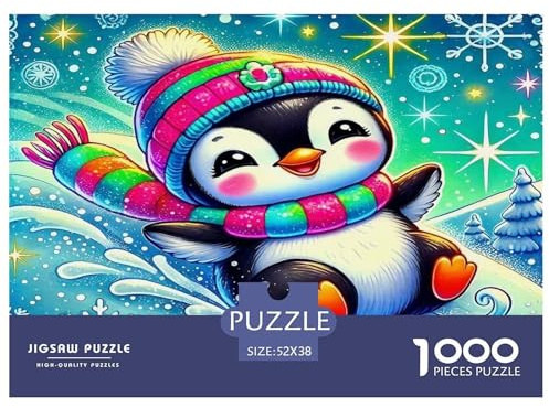 Penguin 1000 Piece Puzzle for Adults Challenging Penguin Sliding on Snow Festive Pattern Brainteasing Educational Game 52x38cm/1000pcs