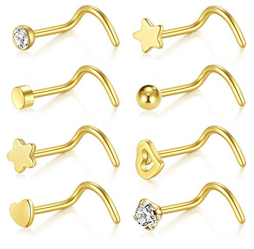 Briana Williams 20G 8 Stück Nasenpiercing Schraube Ohrstecker Edelstahl Zirkonia Kugel Herz Stern Flach Top Nasenring Körperschmuck